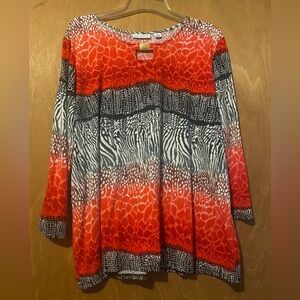 Susan Graver - Red Gradient and Black Animal Print Top - Size XL